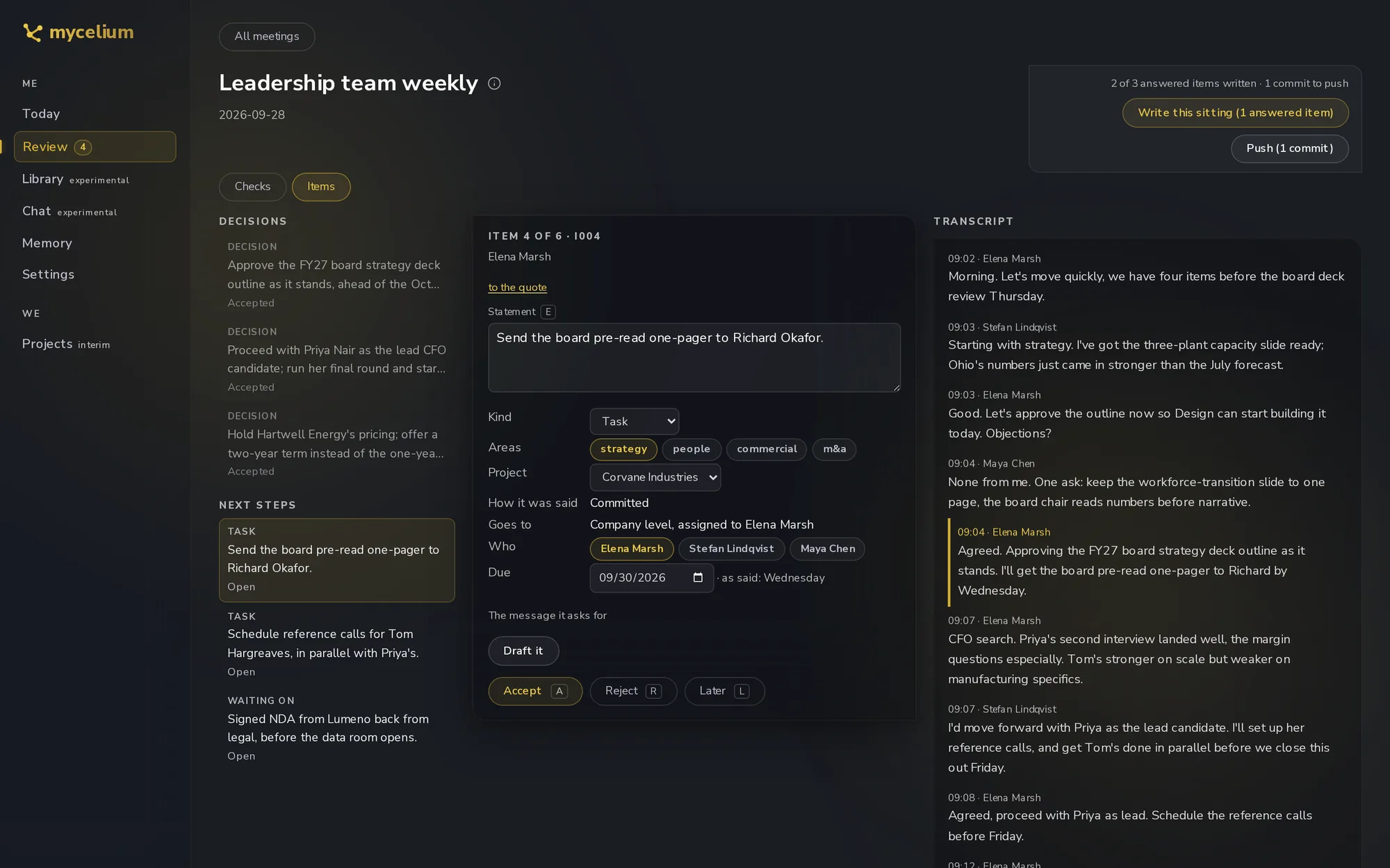 Meeting review in the web app: decisions and next steps extracted from a transcript, an item being checked, and the transcript with the quoted passage highlighted.