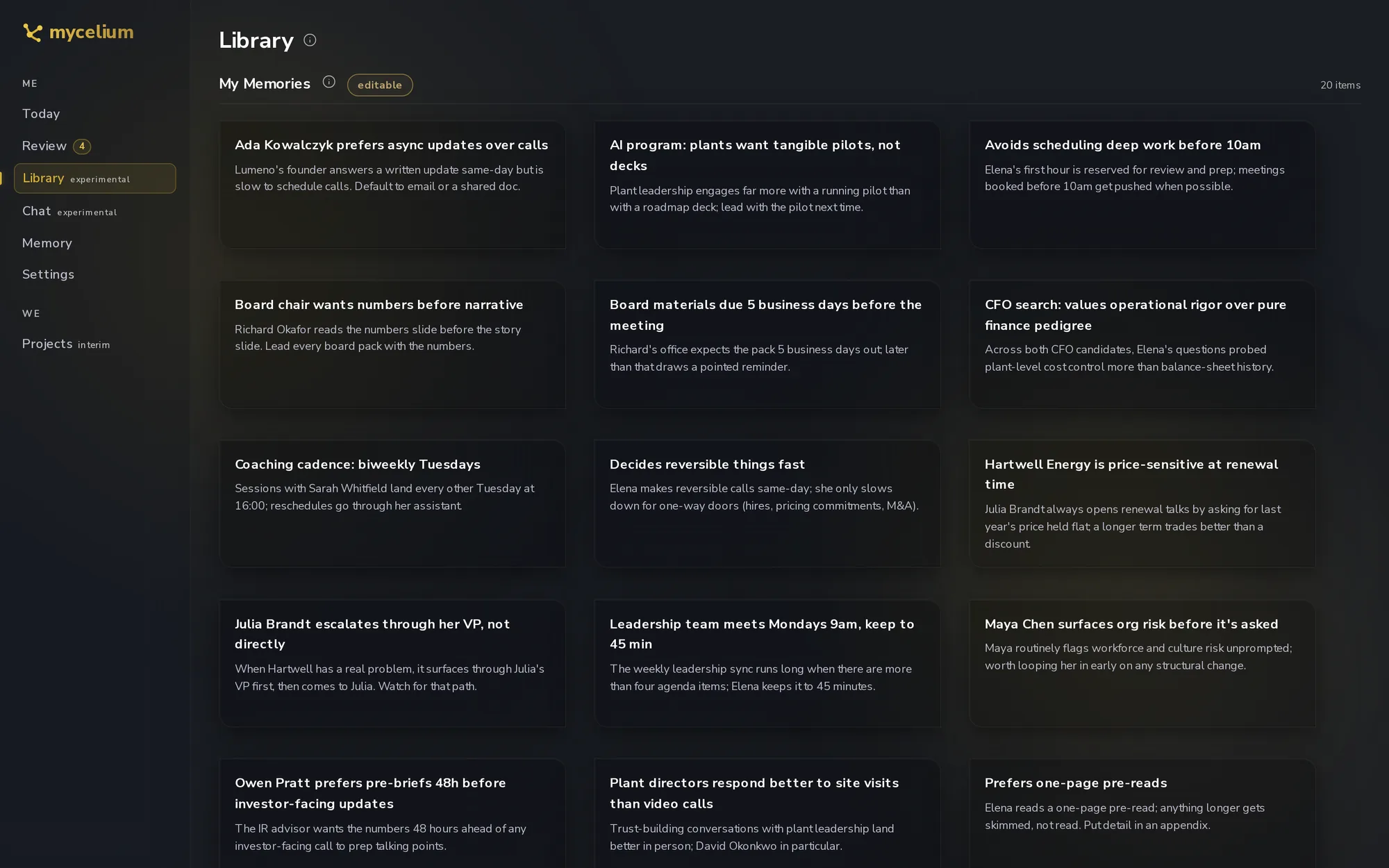 Memory library of the web app: short editable notes about people's preferences and working habits.